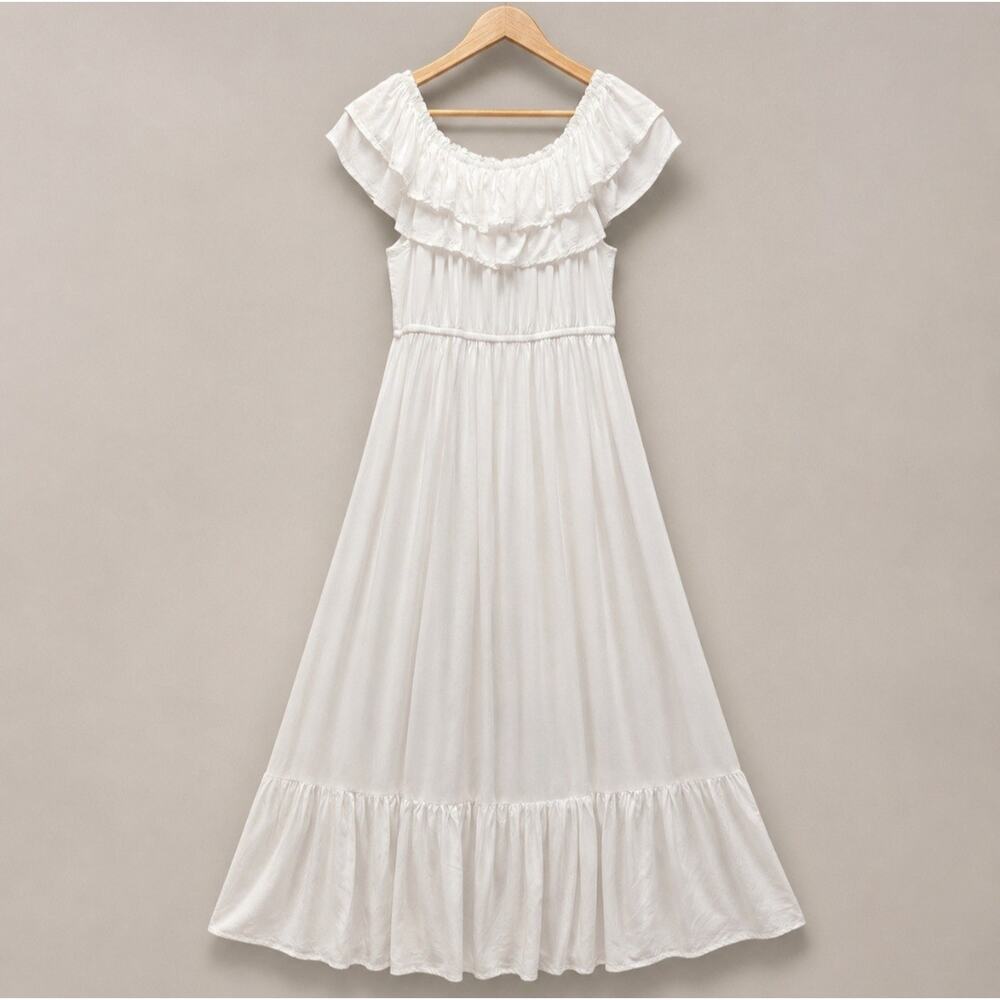 Anna-Kaci White Ruffle Maxi Dress L Off Shoulder Boho Coastal Vacation Feminine - Picture 4 of 14